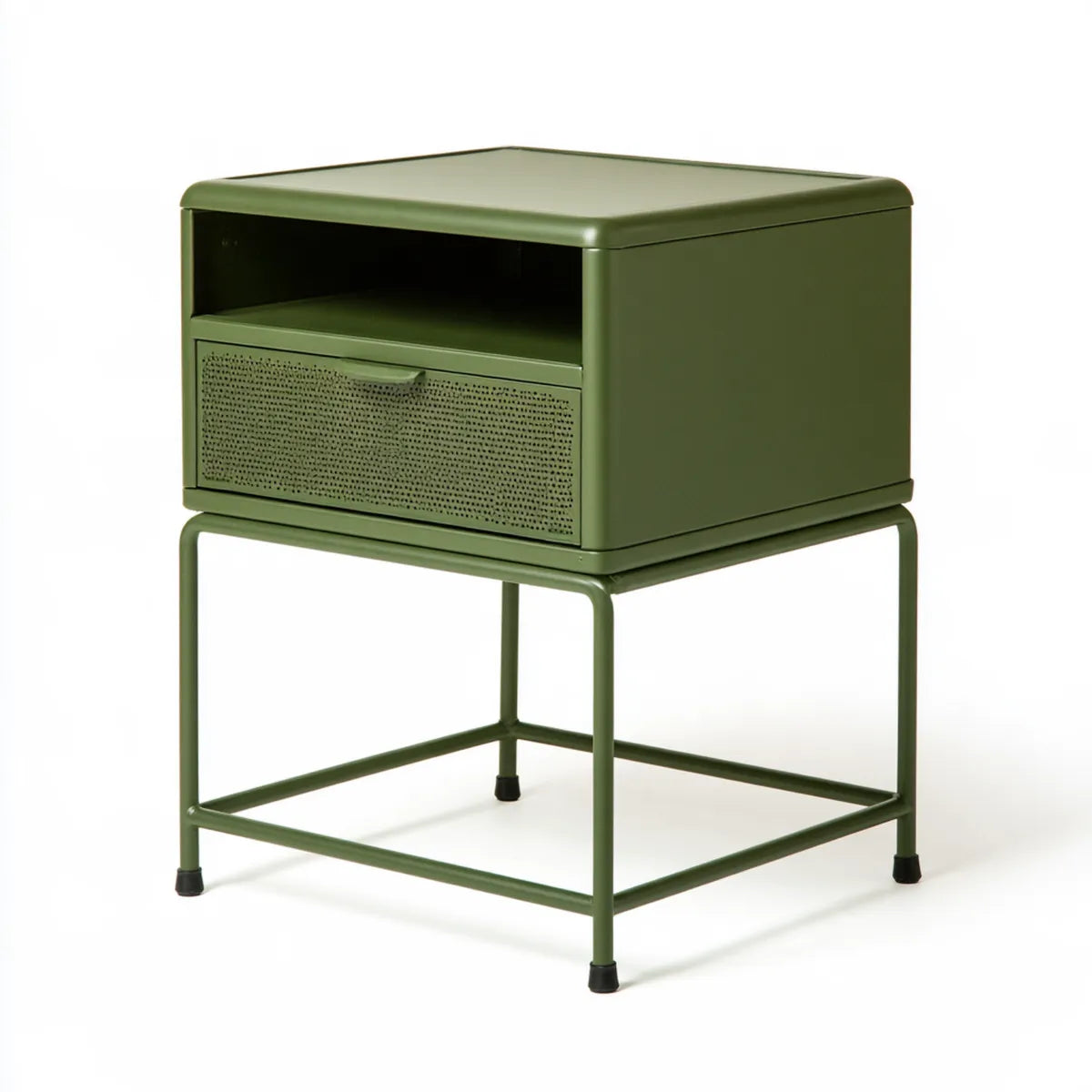 Olive Green Metal Nightstand with Drawer and Open Shelf, 18 x 15 x 24 in