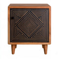 Solid Mango Wood Nightstand Cabinet with Geometric Door, Brown and Black, 18 x 16 x 24 in