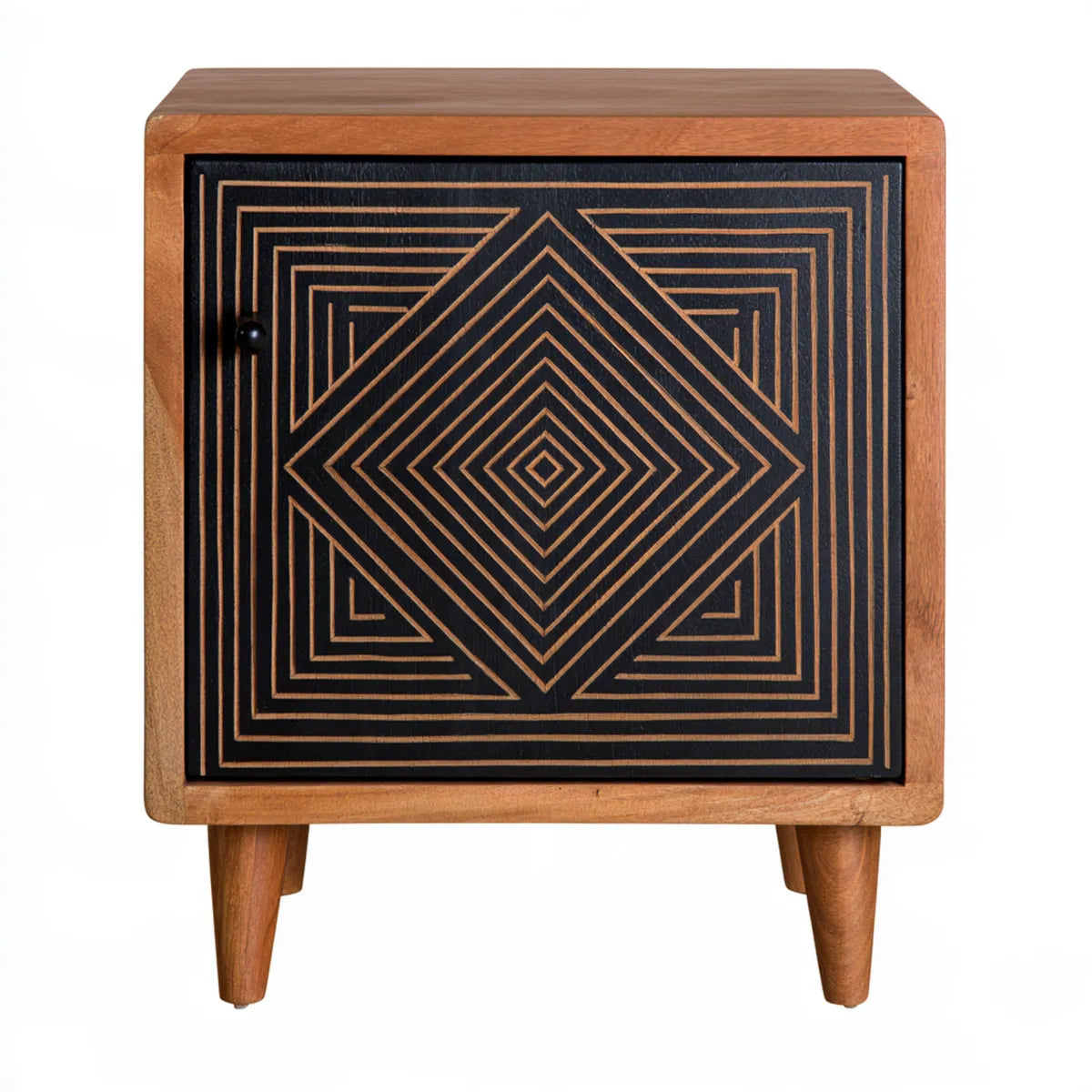 Solid Mango Wood Nightstand Cabinet with Geometric Door, Brown and Black, 18 x 16 x 24 in