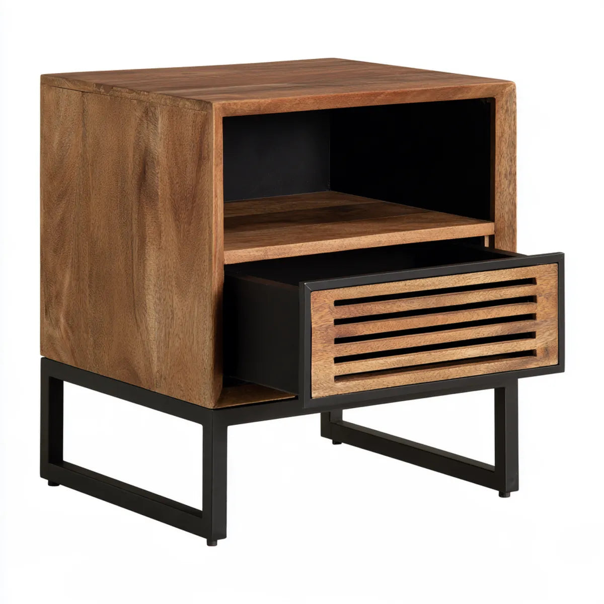 Brown Solid Wood and Metal Nightstand with Drawer and Open Shelf, 20 x 16 x 24 in