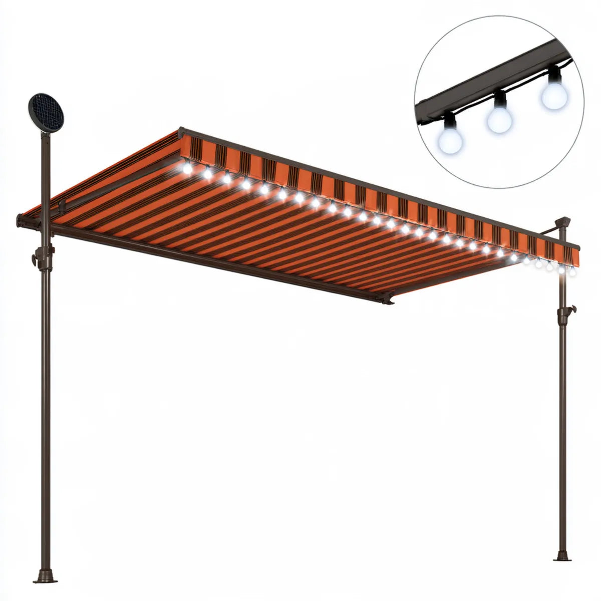 13 ft x 10 ft Retractable Patio Awning with Solar LED Lights, Orange and Brown Polyester and Steel, Adjustable 7.5-9.5 ft Height