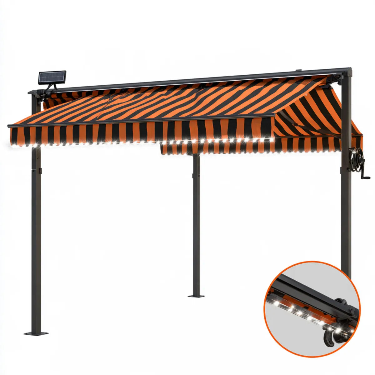 13.1 x 9.8 ft Double-Sided Retractable Outdoor Patio Awning with Solar LED Lights, Orange and Black Polyester Canopy, Steel Frame
