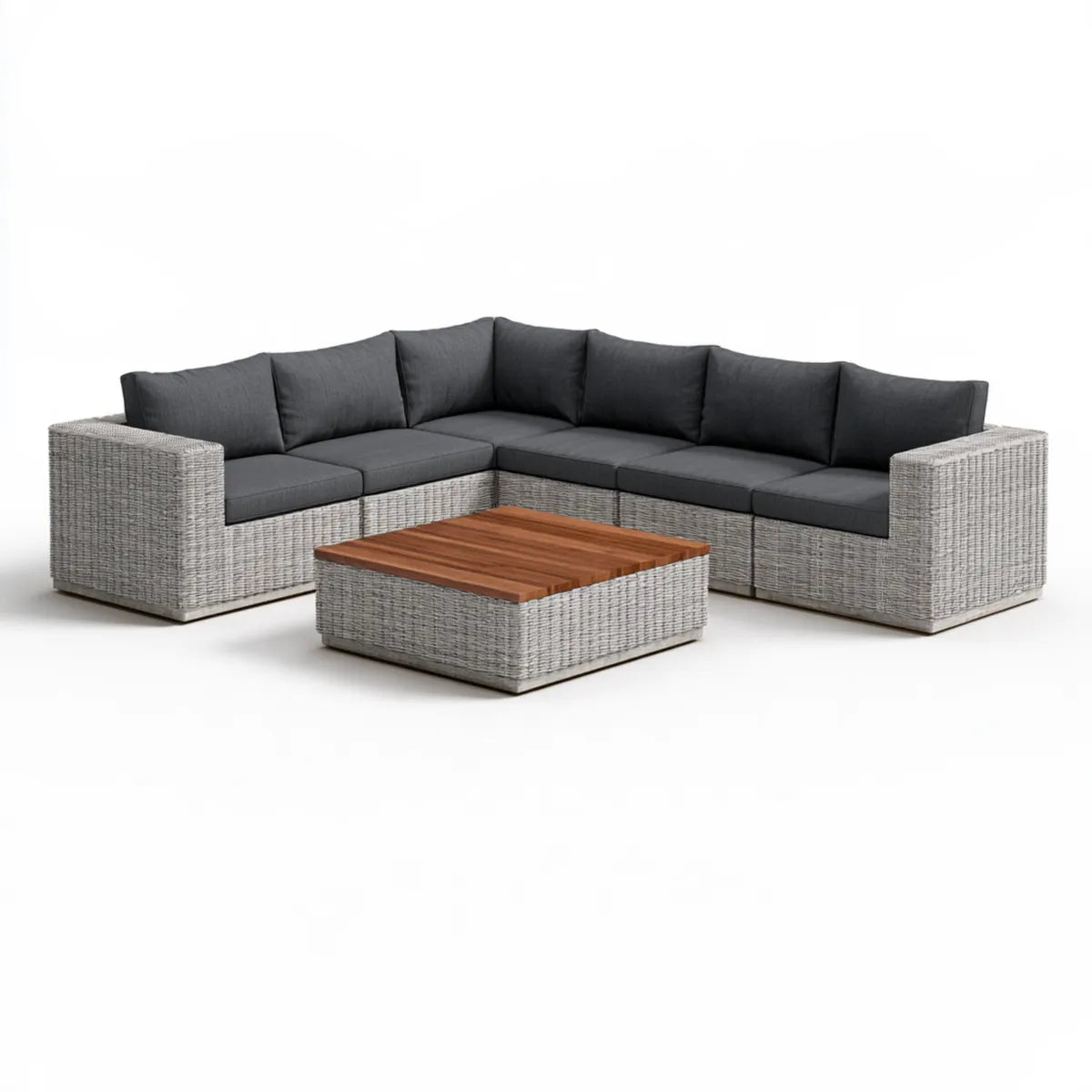 4-Piece Outdoor Patio Sectional Sofa Set, L-Shaped Gray PE Rattan with Acacia Wood Coffee Table, 101.2 x 74.8 x 25.6 in