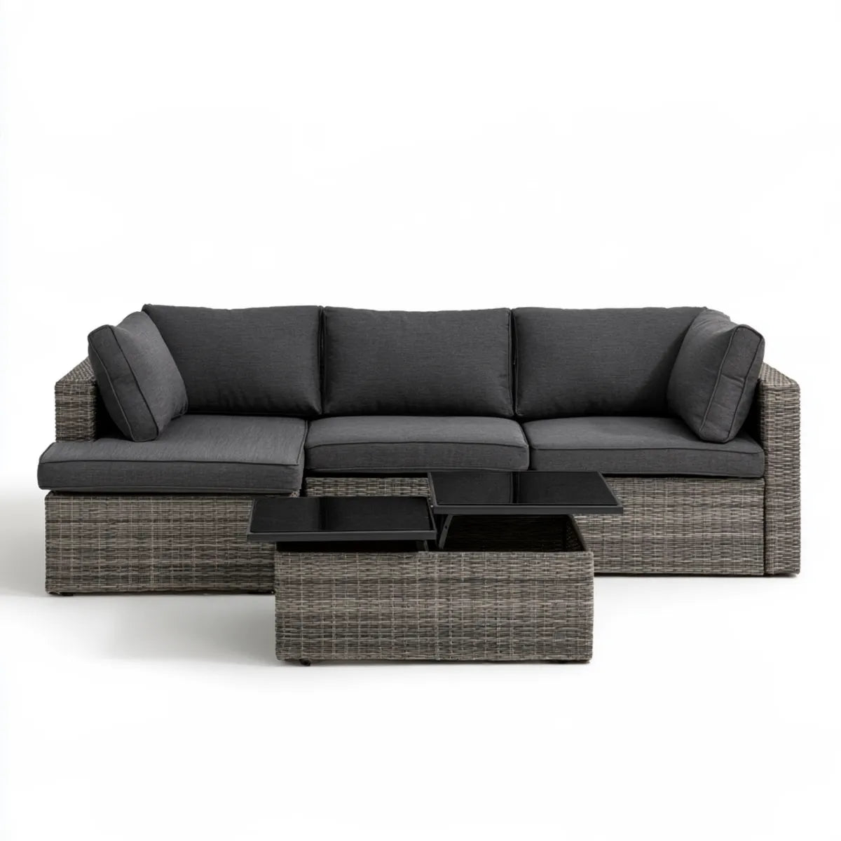 2-Piece Outdoor PE Rattan Sofa Set with Lift-Top Glass Coffee Table, Gray, Sofa 220 x 85 x 70 cm