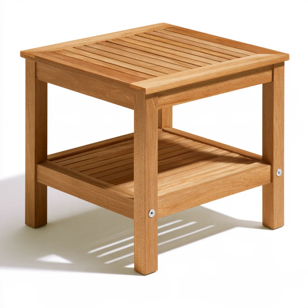 Square Solid Eucalyptus Wood Side Table with Slatted Shelf, Natural Light Brown, 22 x 22 x 18 in