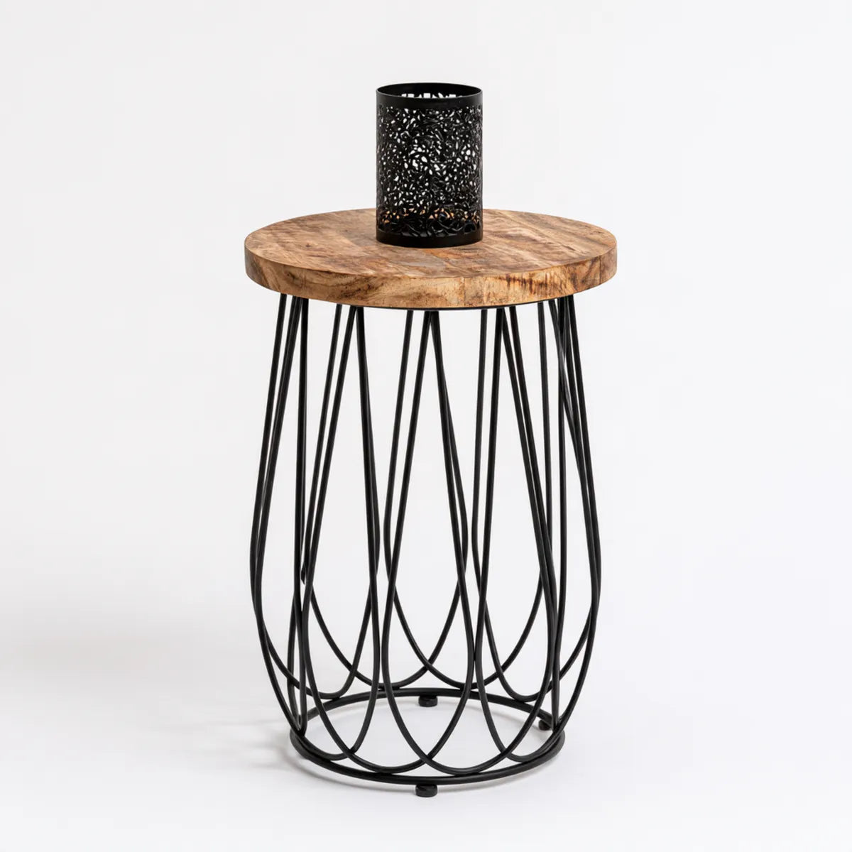 Round Side Table, 15.7 in Natural Solid Wood Top with Black Steel Base, 21.7 in High