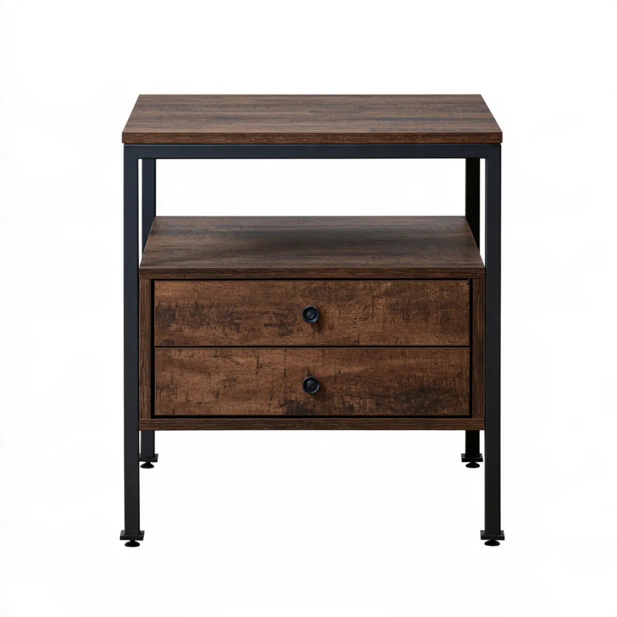 2-Drawer Nightstand, 24 x 16 x 26 in, Brown Engineered Wood and Black Steel