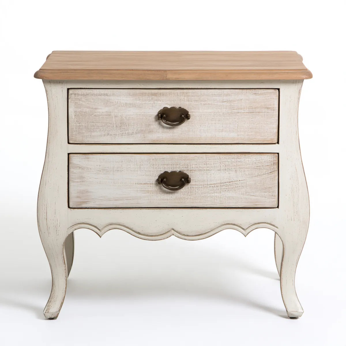2-Drawer Solid Wood Nightstand, 30 x 17 x 30 in, Distressed White and Natural Brown