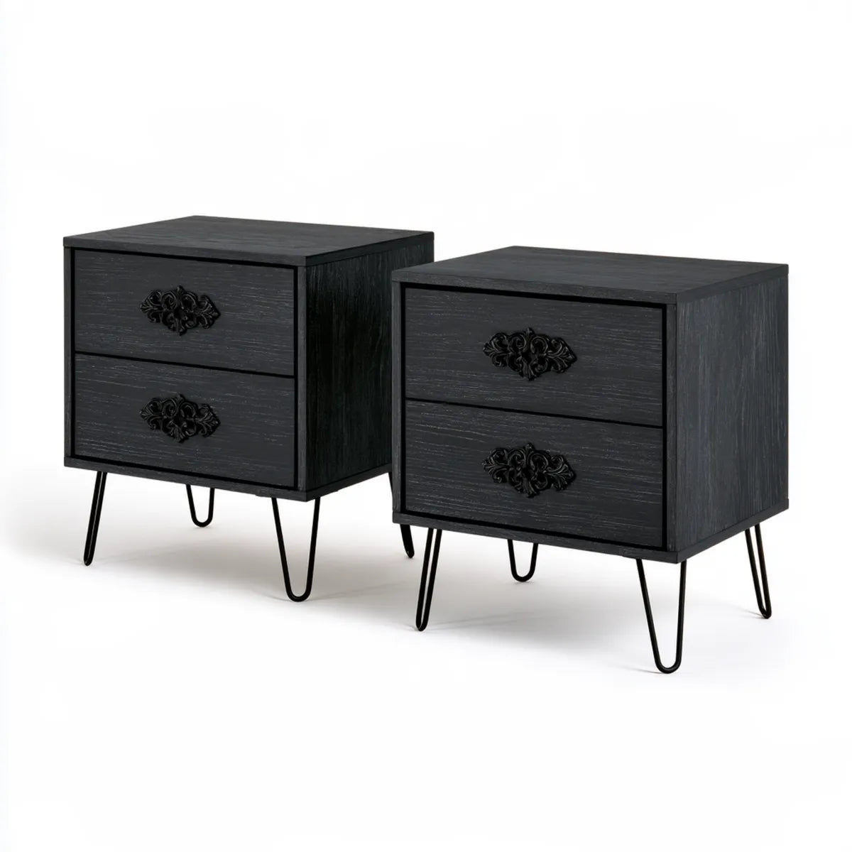 Set of 2 Black 2-Drawer Wood Nightstands, 19.7 x 15.7 x 23.6 in Bedside Tables