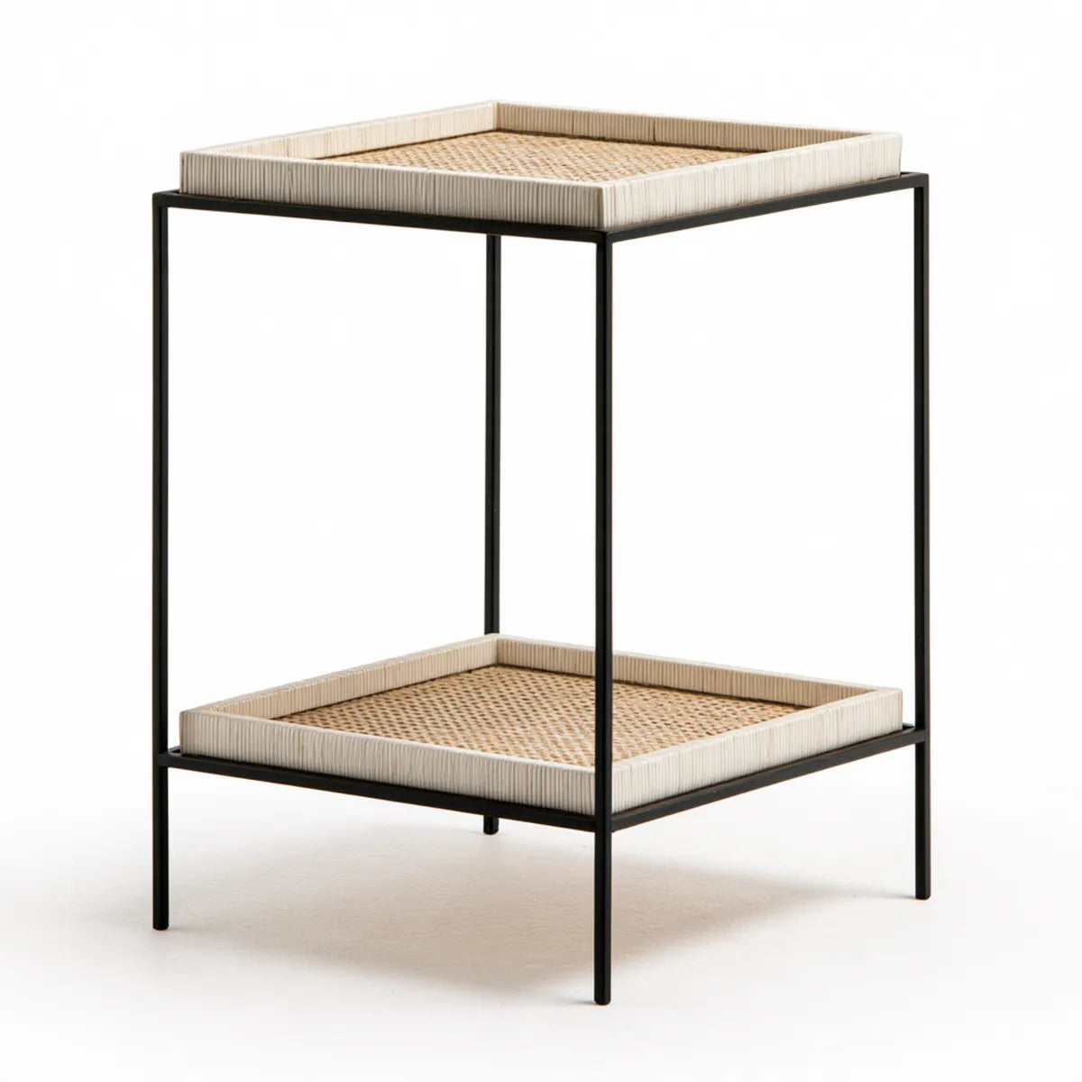 Two-Tier Square End Table, 18 x 18 x 24 in, Black Steel and Natural Rattan