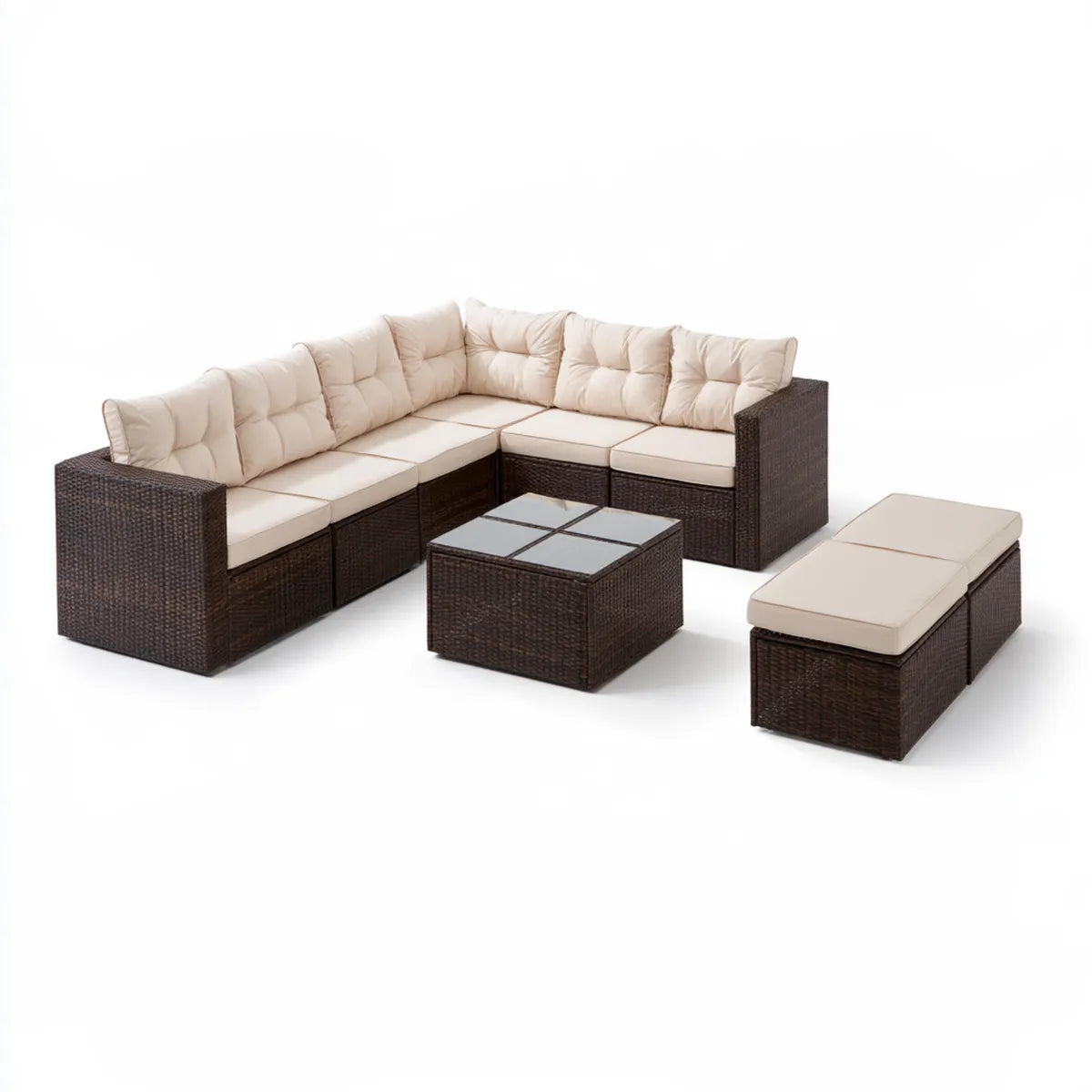 7-Piece Outdoor Sectional Sofa Set, 78 x 78 in, Brown PE Rattan with Beige Polyester Cushions