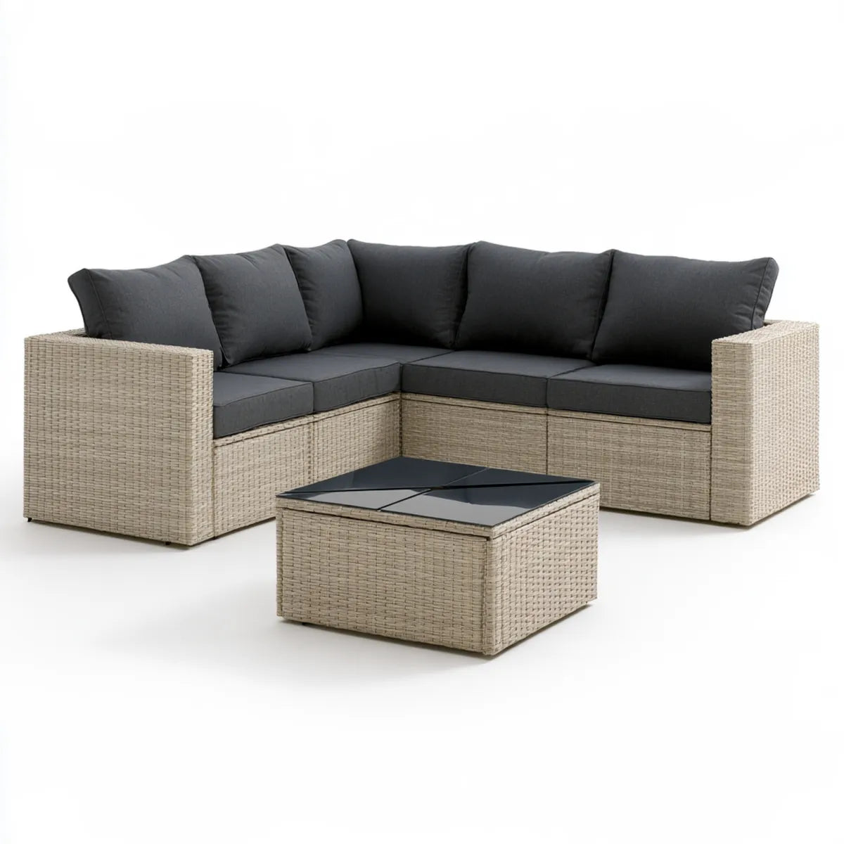 5-Piece Outdoor PE Rattan L-Shaped Sectional Sofa Set with Glass Coffee Table, 84 x 84 in, Beige/Dark Gray