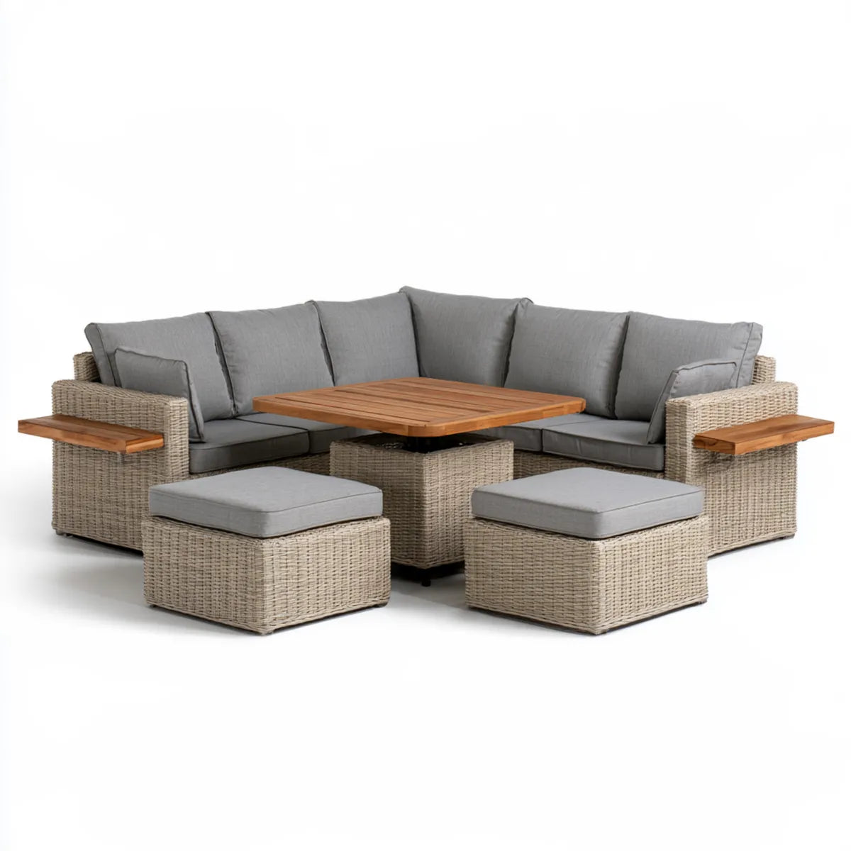 5-Piece Outdoor Patio Sectional Sofa Set, 280 x 200 x 77 cm, Gray PE Rattan and Acacia Wood