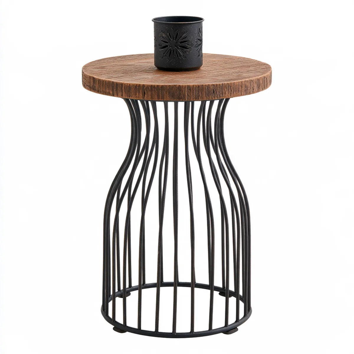 Round Side Table, 16 in. Diameter x 22 in. High, Brown Engineered Wood and Black Steel