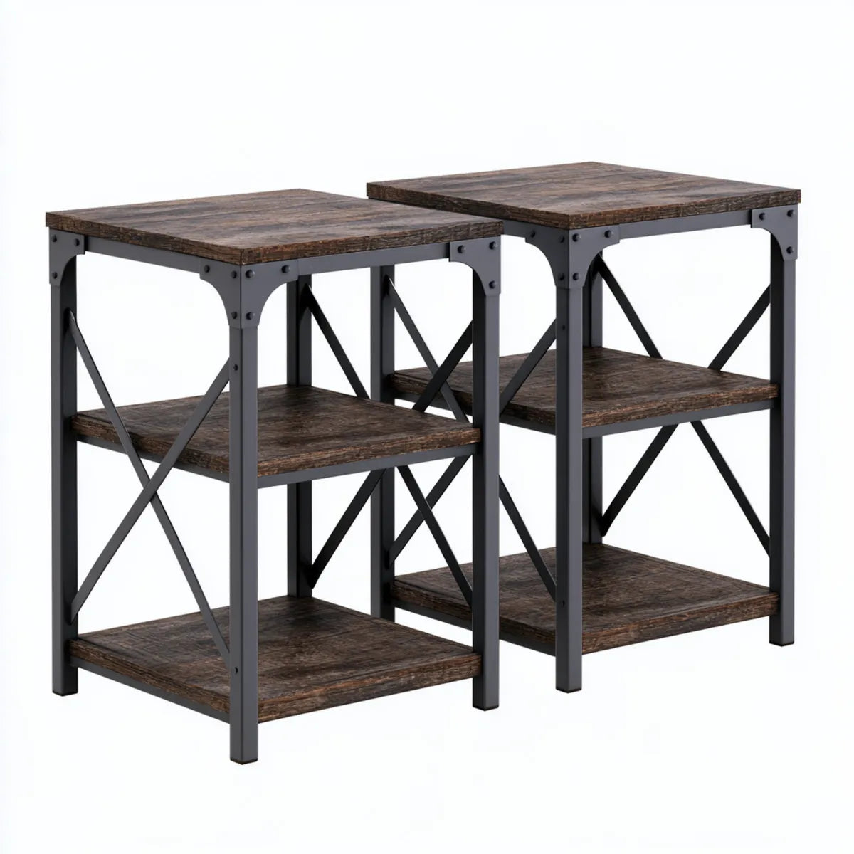 2-Piece Square Side Table Set, 19.7 x 19.7 x 23.6 in, Rustic Brown Wood and Black Steel