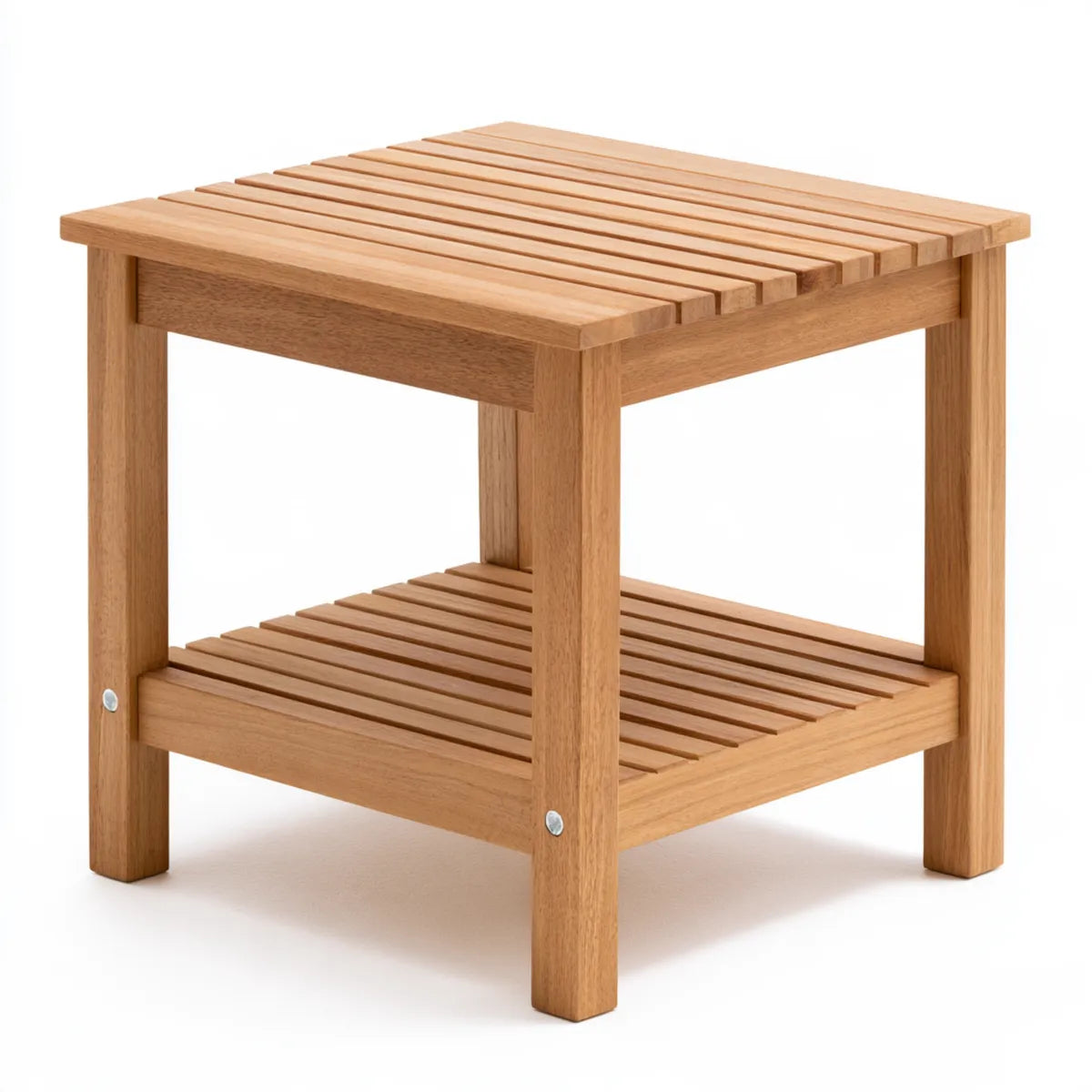 Two-Tier Solid Wood Side Table with Slatted Shelf, 18 x 18 x 22 in, Natural Light Brown