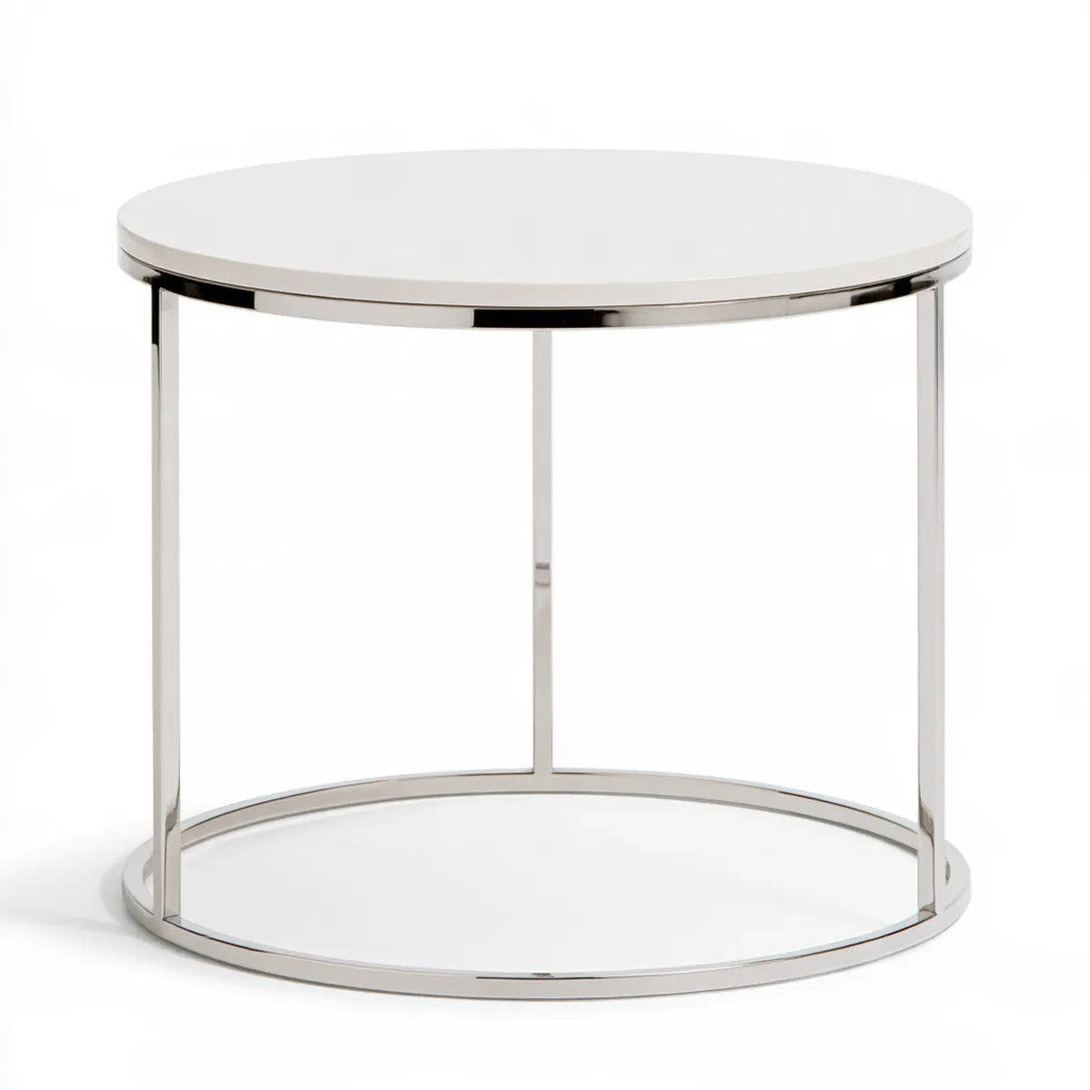Round Side Table, 19.7 in. Diameter x 19.7 in. High, White MDF Top with Chrome Stainless Steel Frame